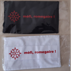 Washable protective mask with Occitan cross and text mèfi, romegaire !