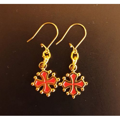 Boucles d'oreille croix occitane métal doré intérieur rouge